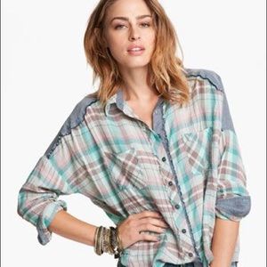 Free People Chambray Trim Plaid Button Up Shirt